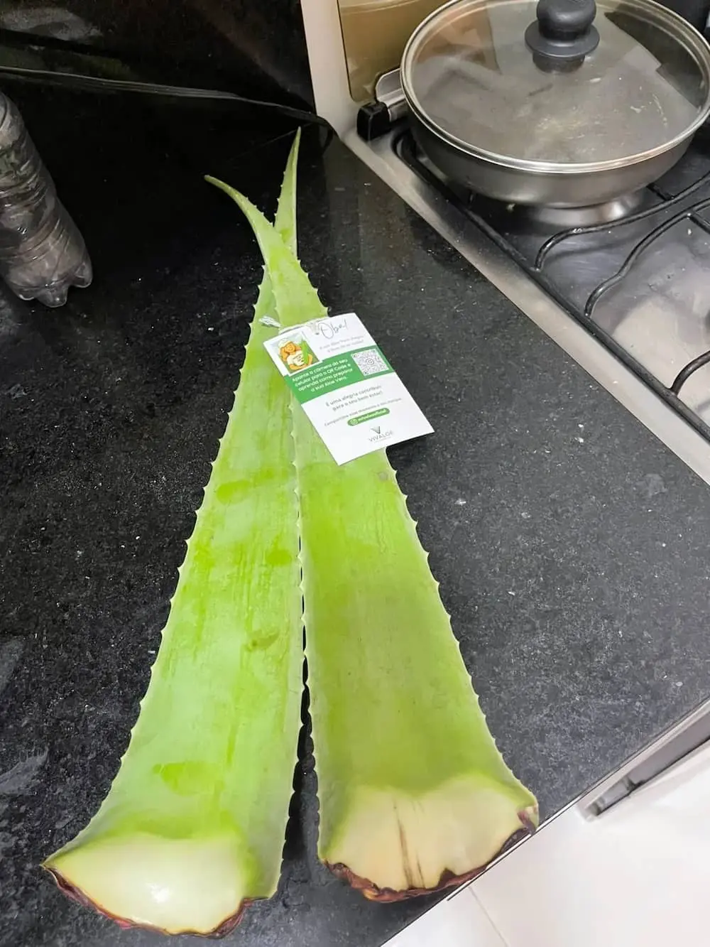 Folha de Aloe Vera Vivaloe recém-recebida na cozinha da cliente, com cartão de boas-vindas da marca