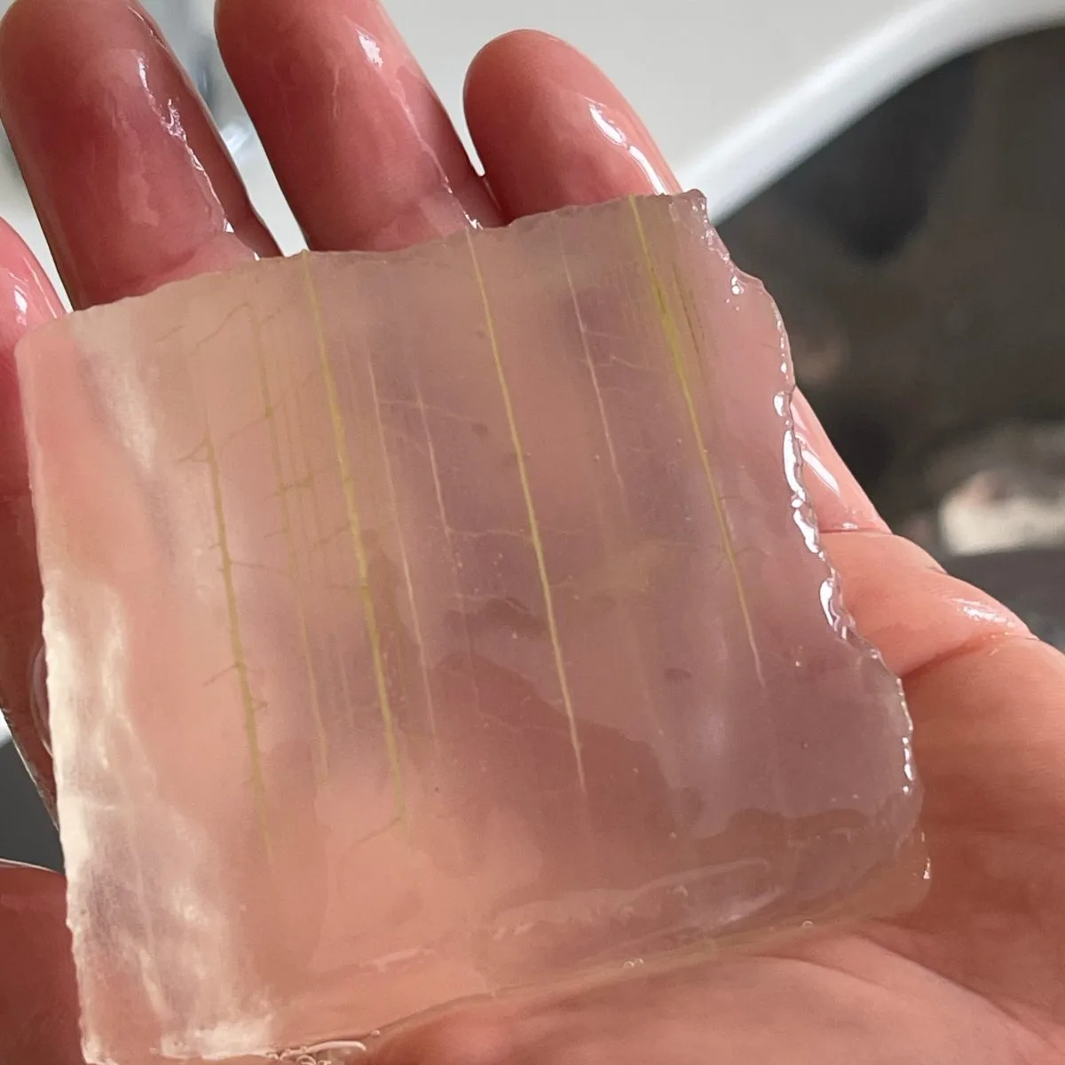 Gel transparente e íntegro de Aloe Vera in natura na palma da mão do cliente